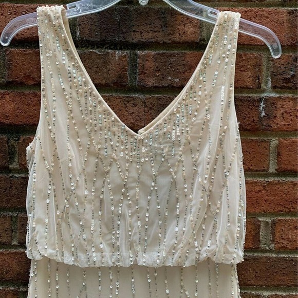 Adrianna Papell Brooklyn Prom Bridesmaid Dress Beige Zipper V Neck Sequins 4 - Picture 2 of 10